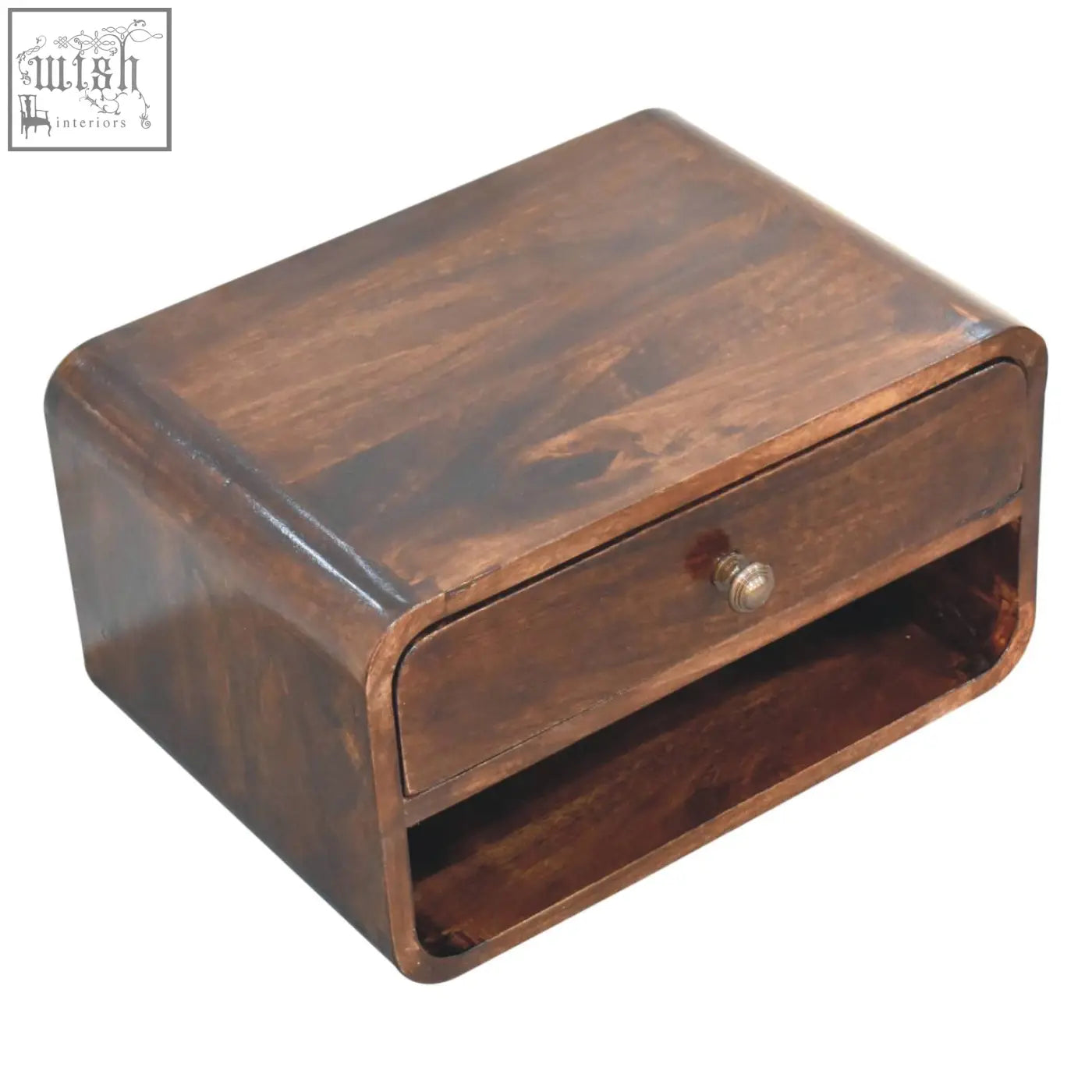 Dark brown curved california walnut bedside with single drawer and open slot made from solid mango wood