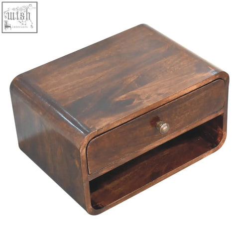 Dark brown curved california walnut bedside with single drawer and open slot made from solid mango wood