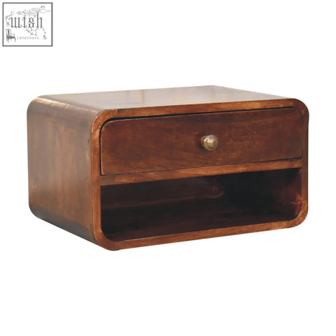 Dark brown solid mango wood nightstand with rounded edges and single drawer from curved california walnut bedside collection