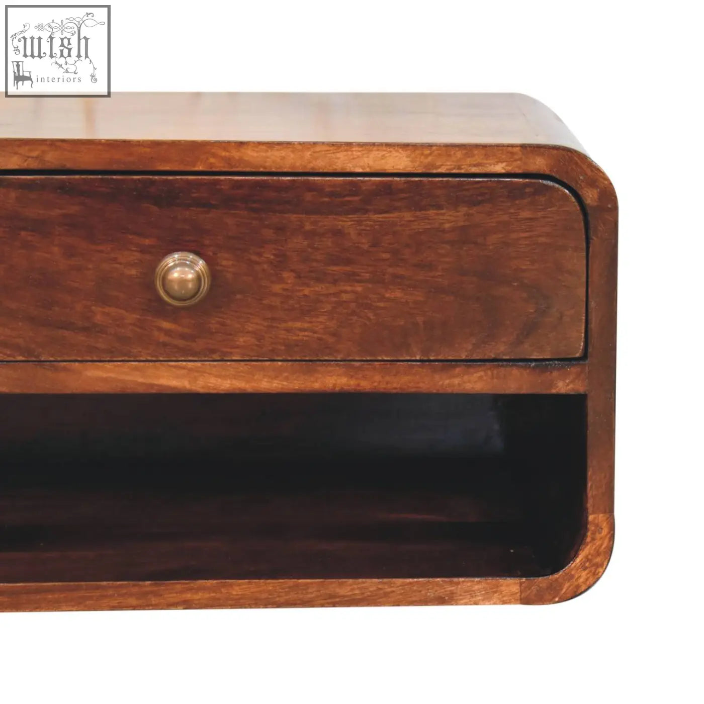 Curved california walnut wall mounted bedside with warm solid mango wood, single drawer, brass knob, rounded edges