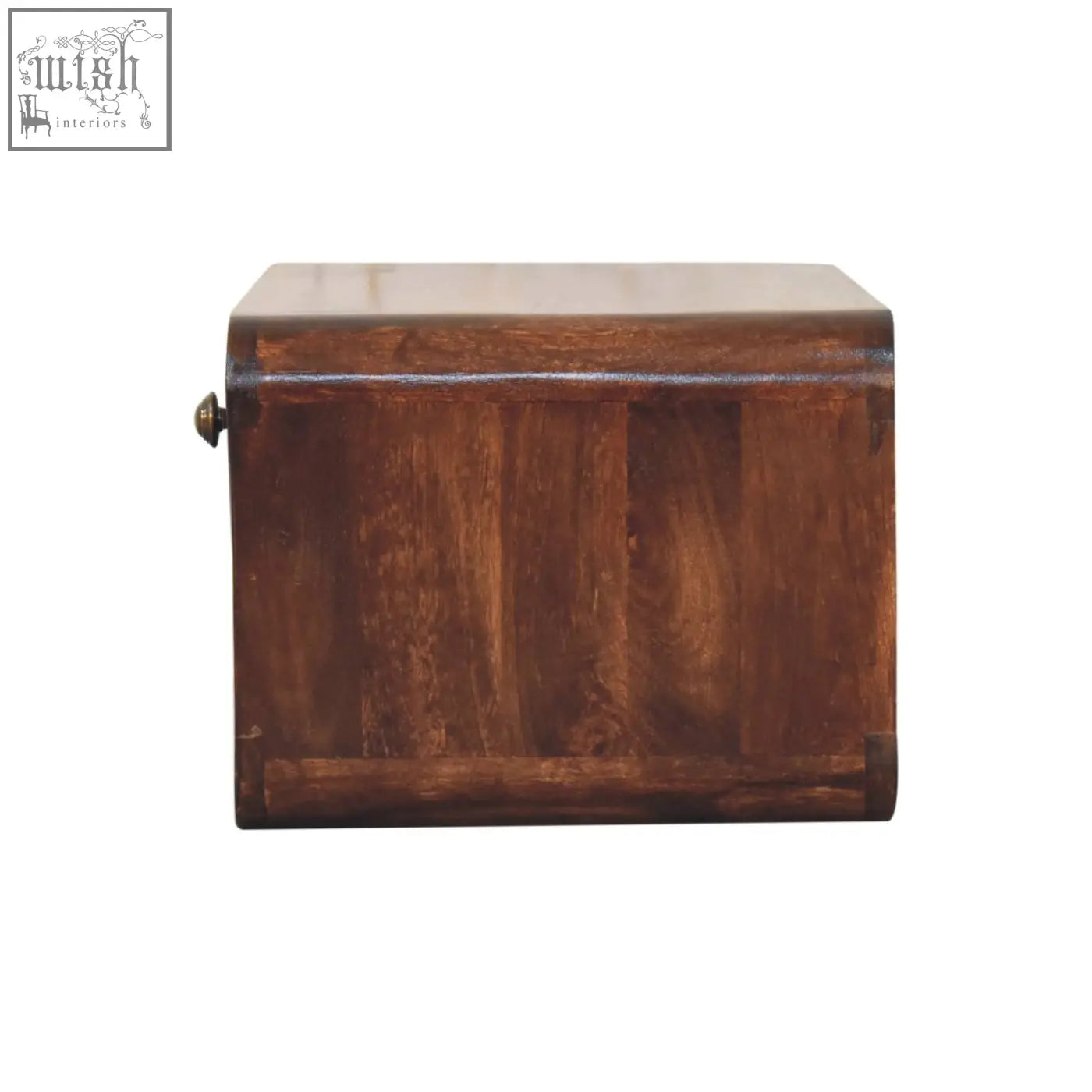 A rustic brown curved california walnut wall mounted bedside with brass latch and solid mango wood grain details