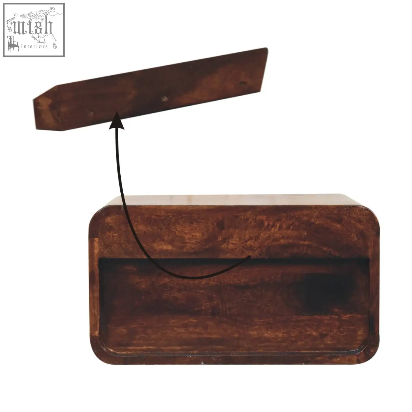 A rustic dark brown wooden california walnut wall mounted bedside with open slot made from solid mango wood