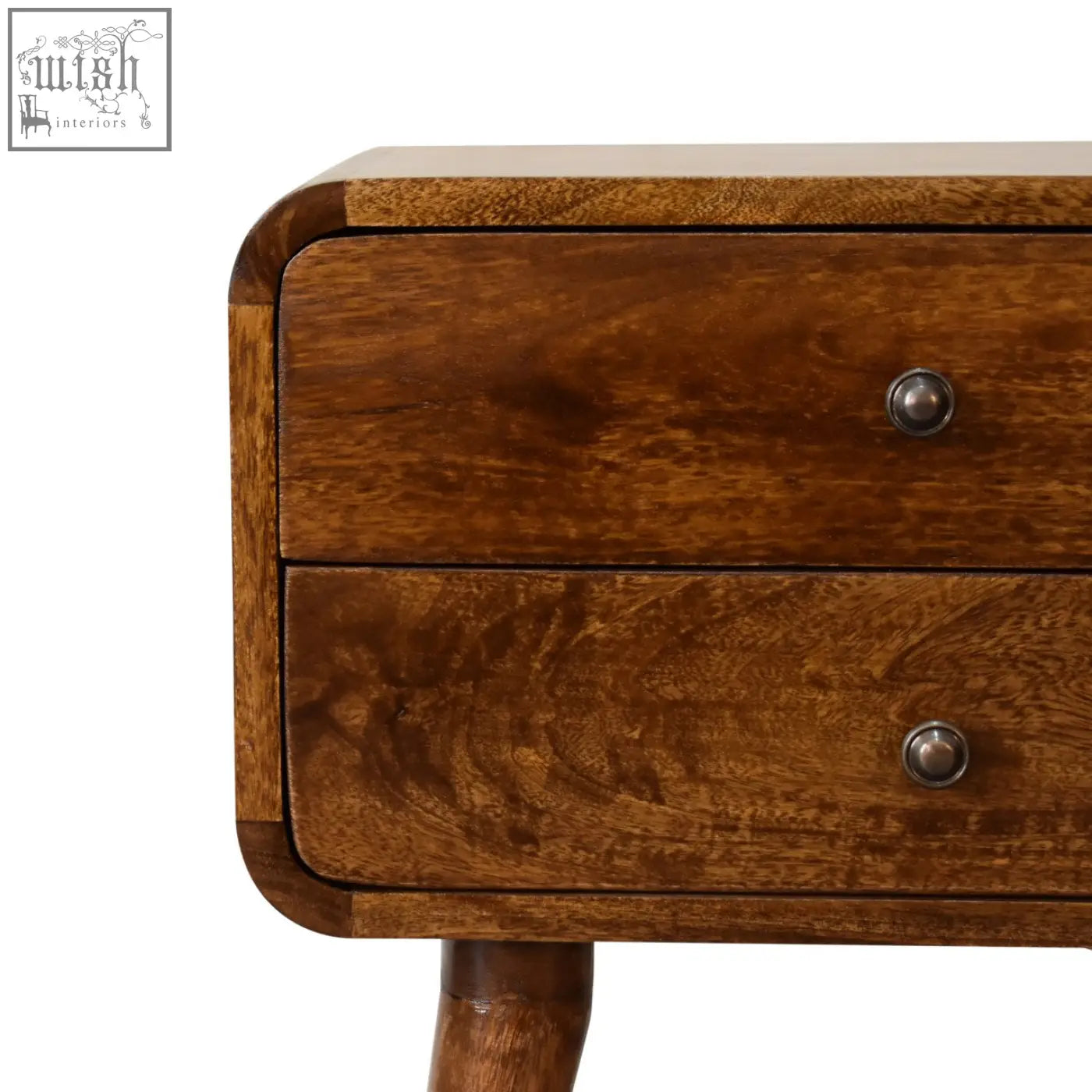 Warm brown wooden curved chestnut bedside table with two drawers and round metallic knobs for bedroom use