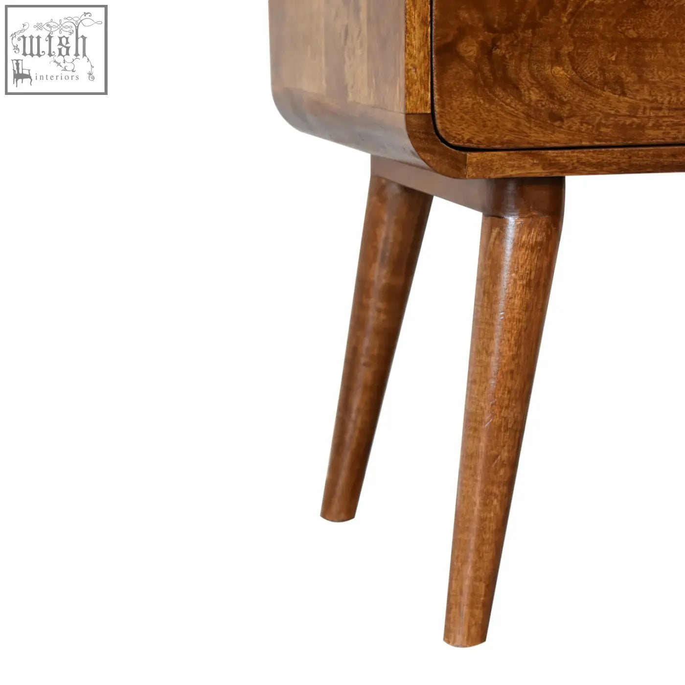 Warm-toned wooden curved chestnut bedside table with tapered legs and smooth polished finish for bedroom use