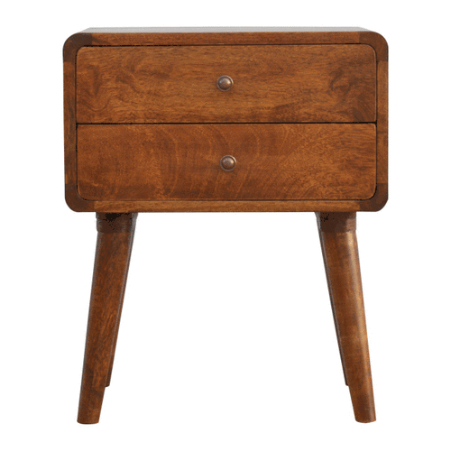 Warm-toned wooden curved chestnut bedside table with two drawers and tapered legs for bedroom storage