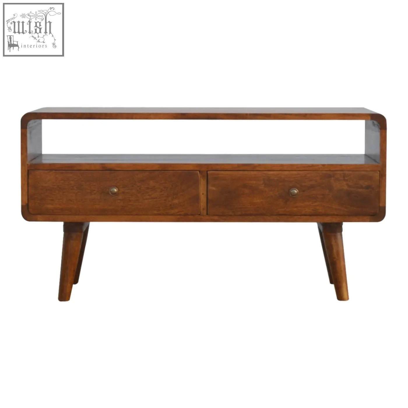 Mid-century modern curved chestnut wooden coffee table with two drawers and tapered mango wood legs in chestnut finish
