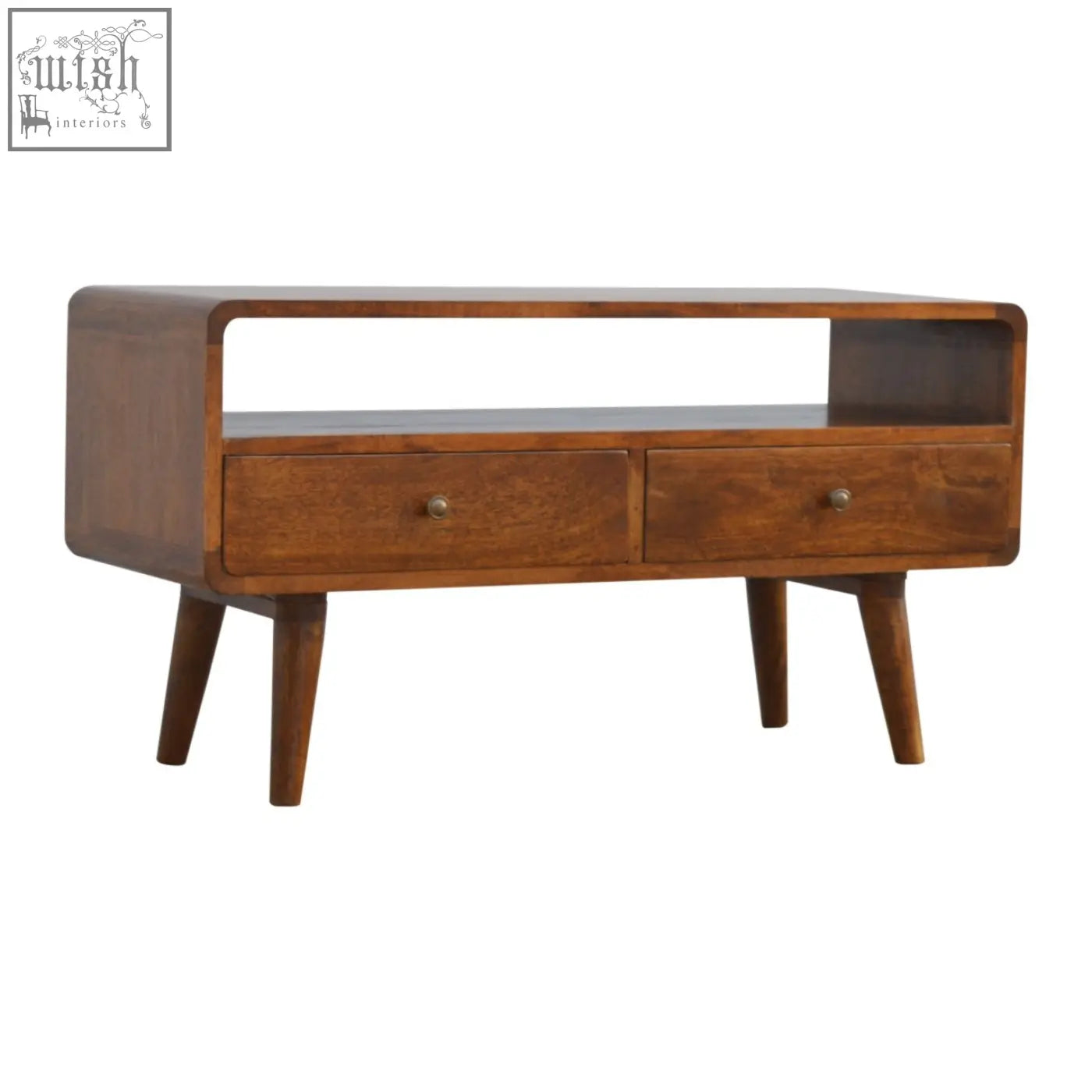 Mid-century modern wooden coffee table with two drawers and tapered legs in curved chestnut finish mango wood