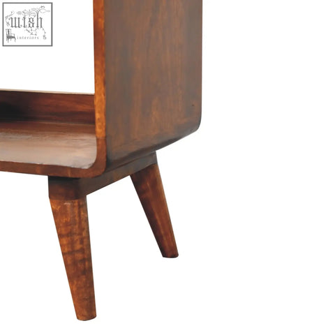 Mid-century modern wooden side table with rich brown finish and tapered legs matching curved chestnut double slot style