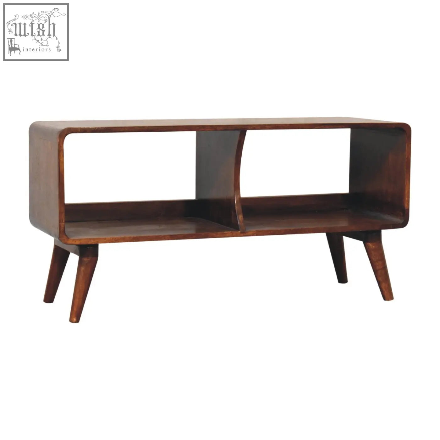 Mid-century modern wooden console table with a rich dark brown finish and sleek tapered legs in curved chestnut double slot style