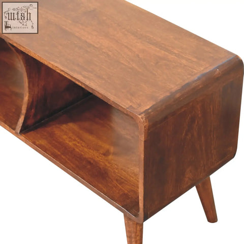 Mid-century modern wooden tv stand with a rich brown finish and sleek tapered legs in curved chestnut double slot style