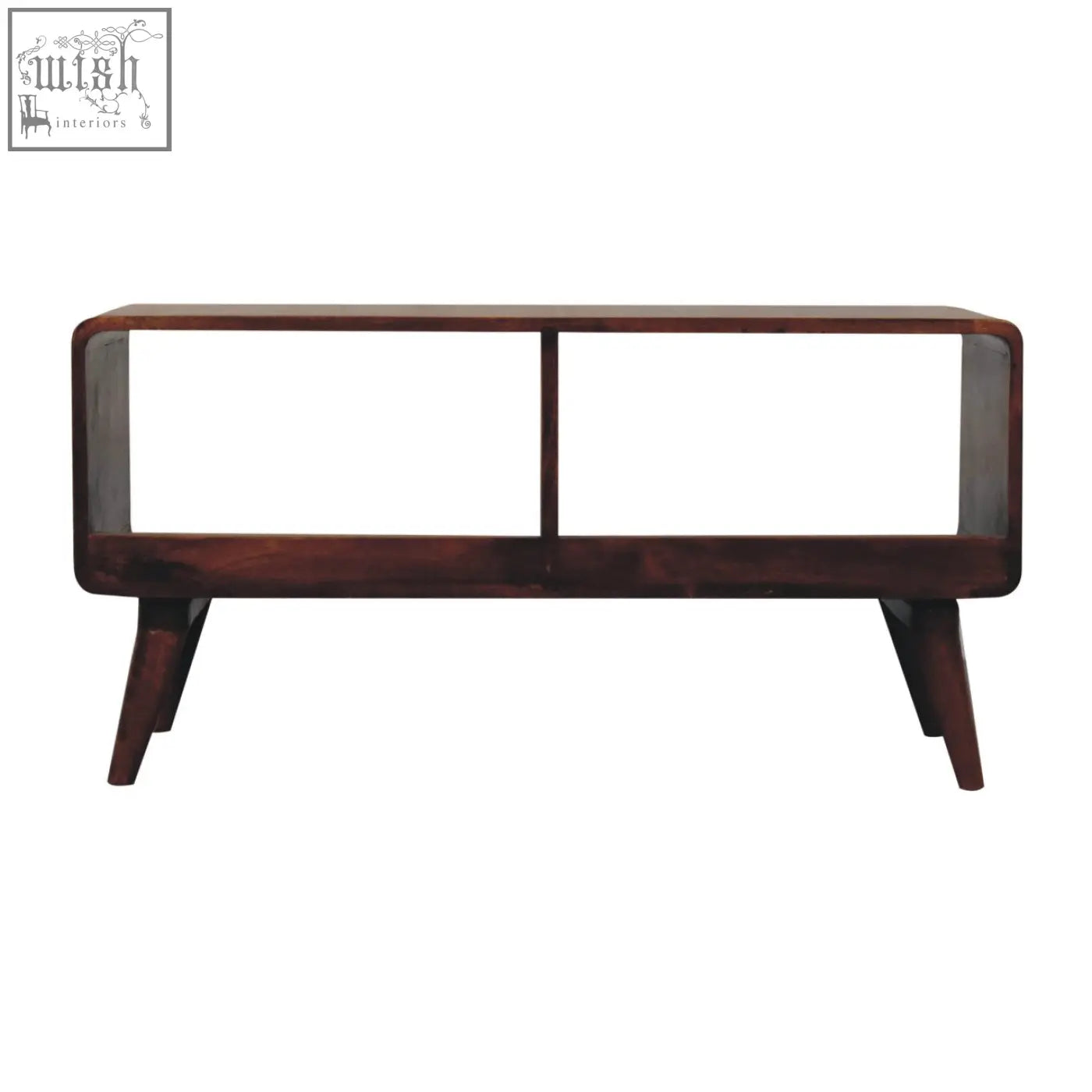 Mid-century modern coffee table with curved chestnut double slot design and sleek angled legs in dark wood finish