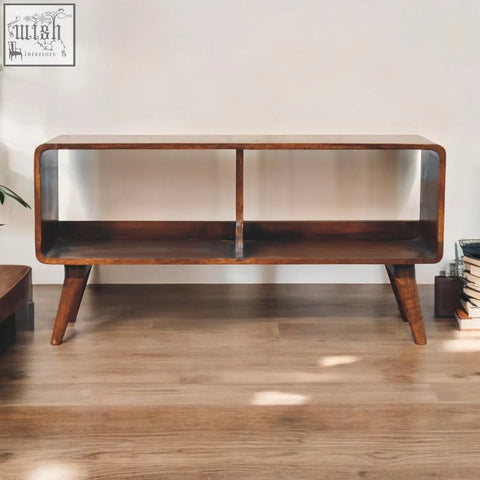 Mid-century modern wooden console table with rich brown finish and tapered legs for curved chestnut double slot use