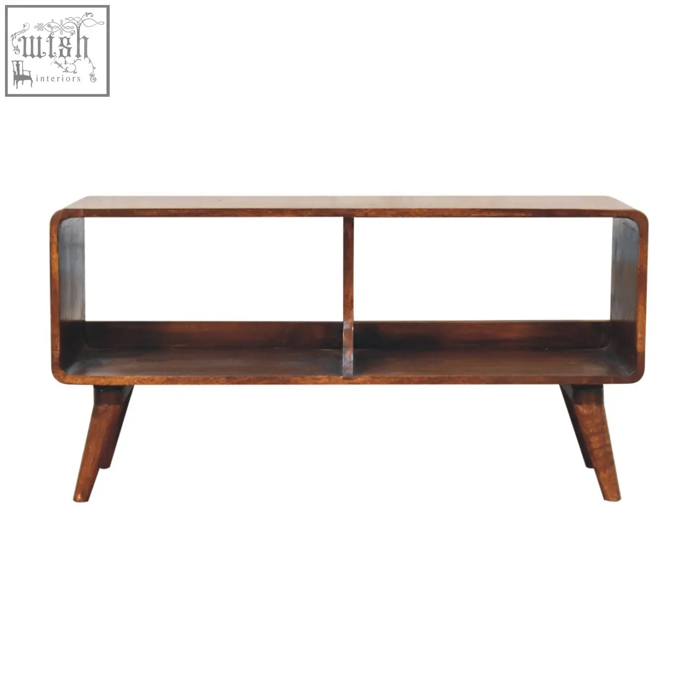 Mid-century modern wooden curved chestnut double slot console table with sleek angled legs and rich brown finish