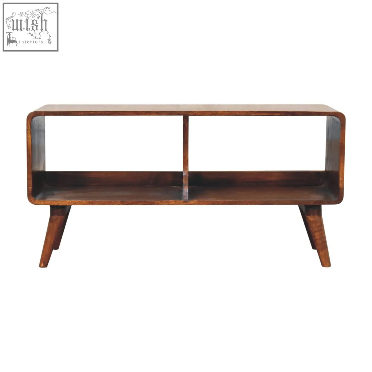 Mid-century modern wooden curved chestnut double slot console table with sleek angled legs and rich brown finish