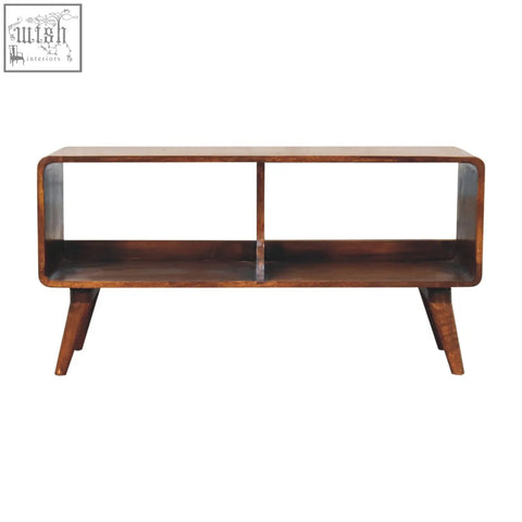 Mid-century modern wooden curved chestnut double slot console table with sleek angled legs and rich brown finish