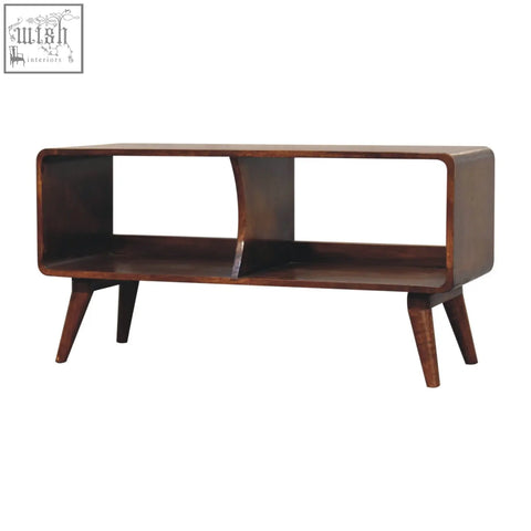 Mid-century modern wooden console table with rich dark brown finish and sleek tapered legs for curved chestnut double slot use