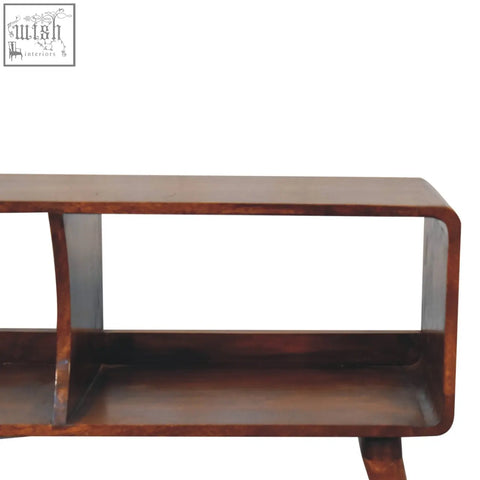 A sleek dark brown wooden curved chestnut double slot console table with two open shelves and modern design