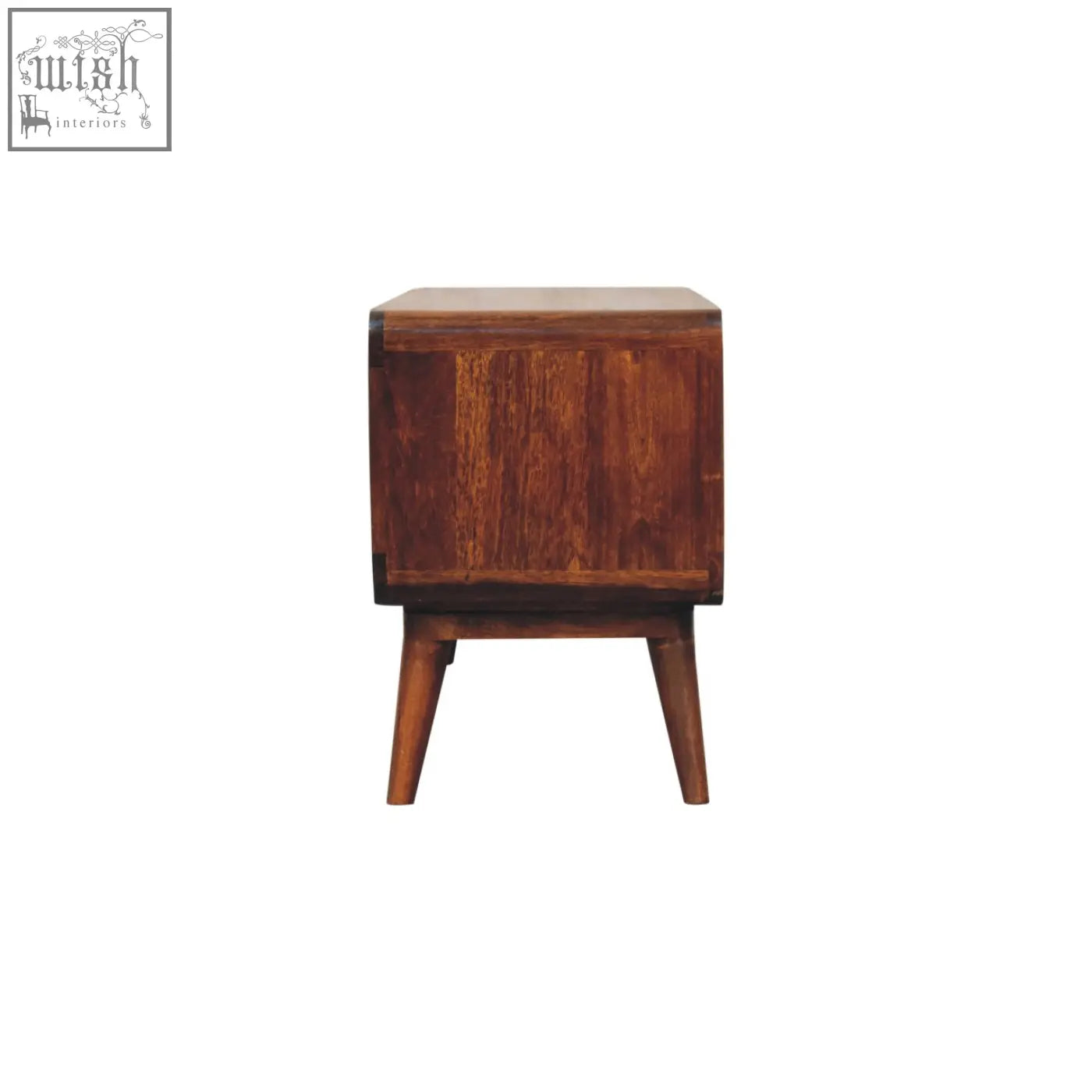 A sleek curved chestnut double slot side table in dark brown wood with smooth finish and tapered legs