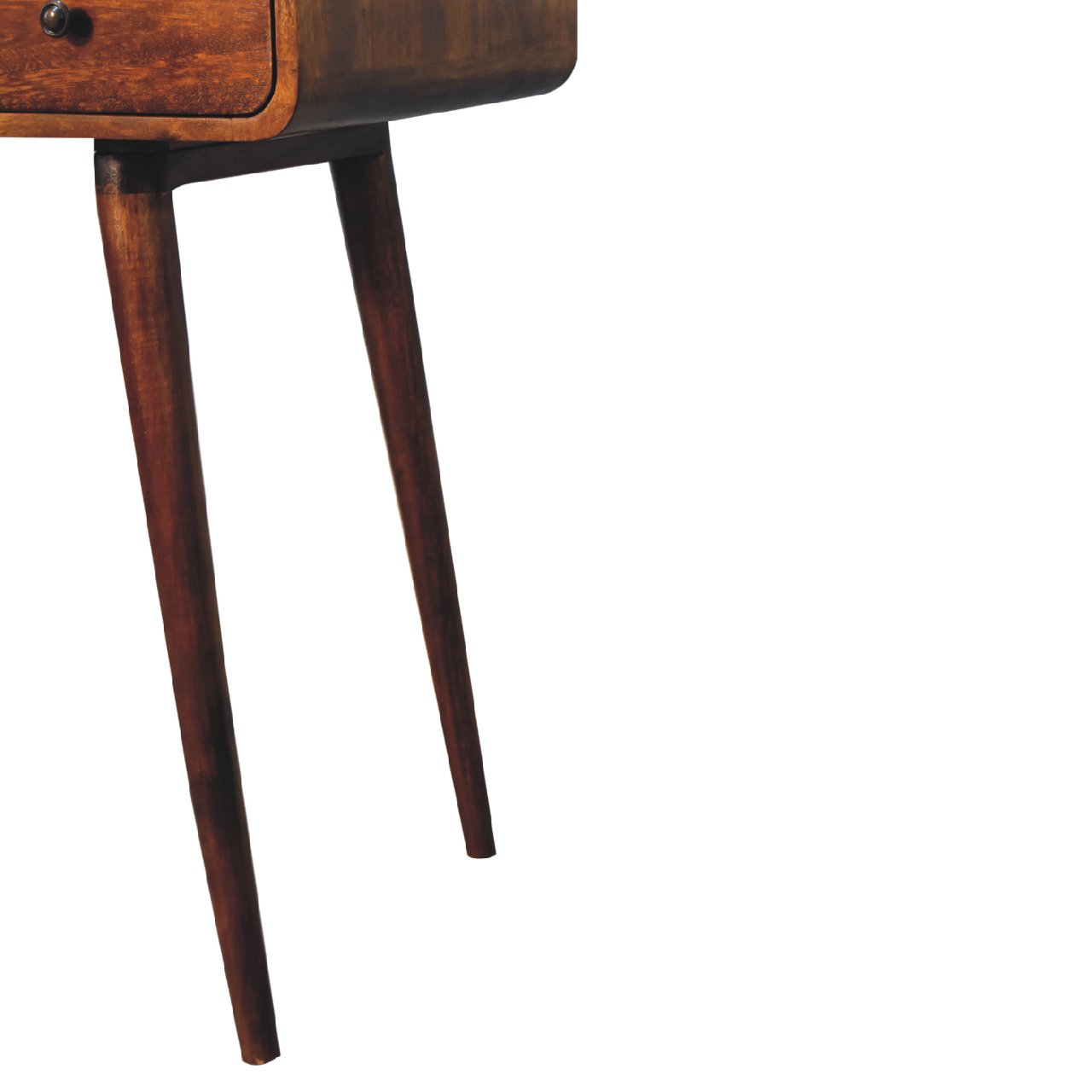 Dark brown wooden side table with tapered legs and single drawer for the curved chestnut writing desk collection