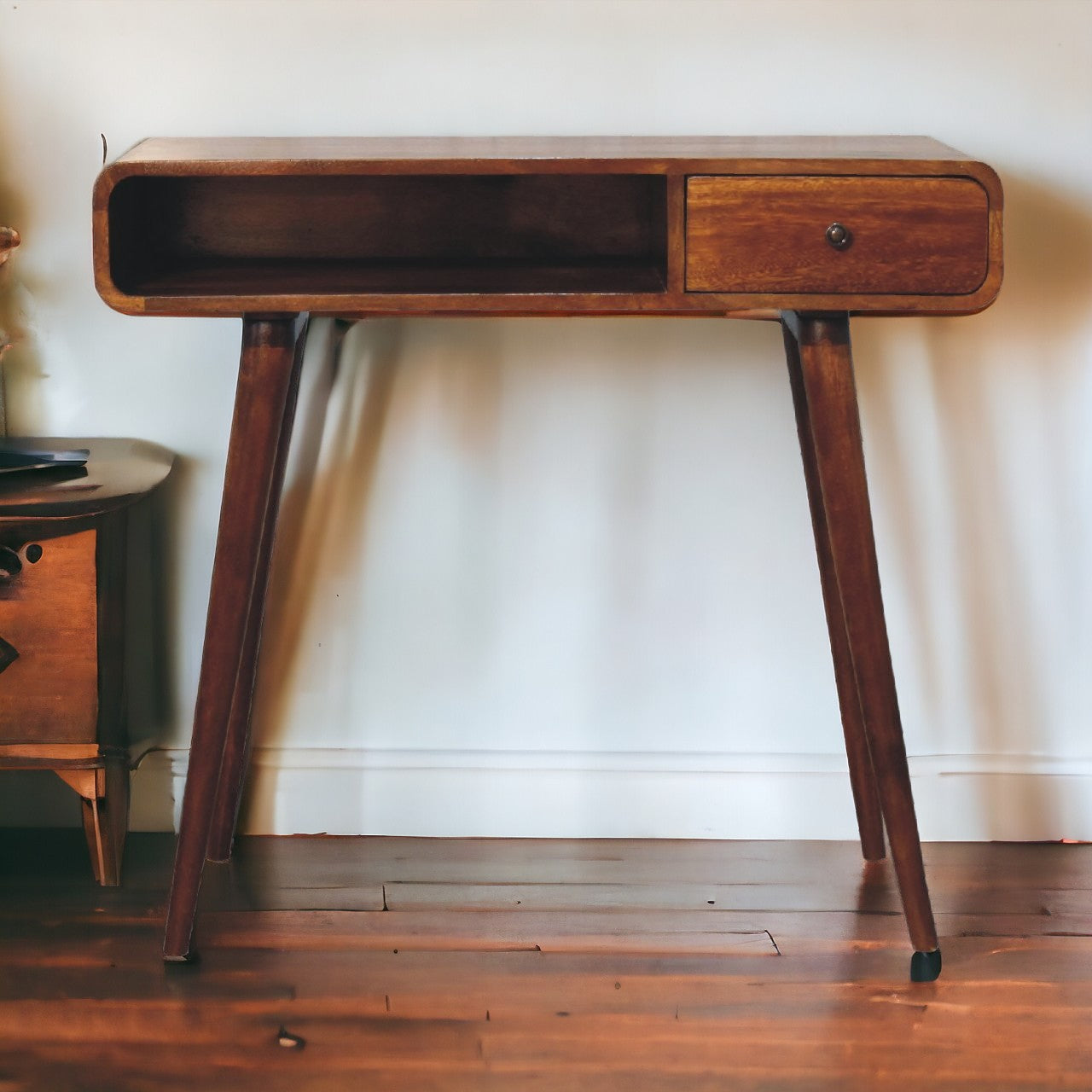 Curved chestnut writing desk mid-century modern wooden console table with single drawer and angled legs