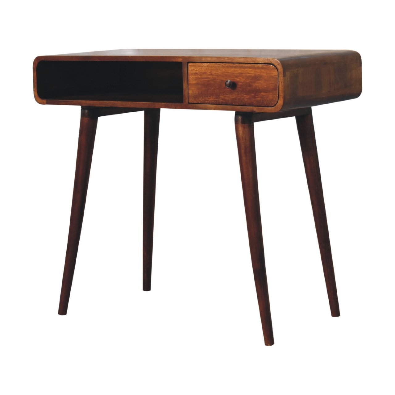 Mid-century modern wooden curved chestnut writing desk with dark brown finish drawer and open compartment on left side