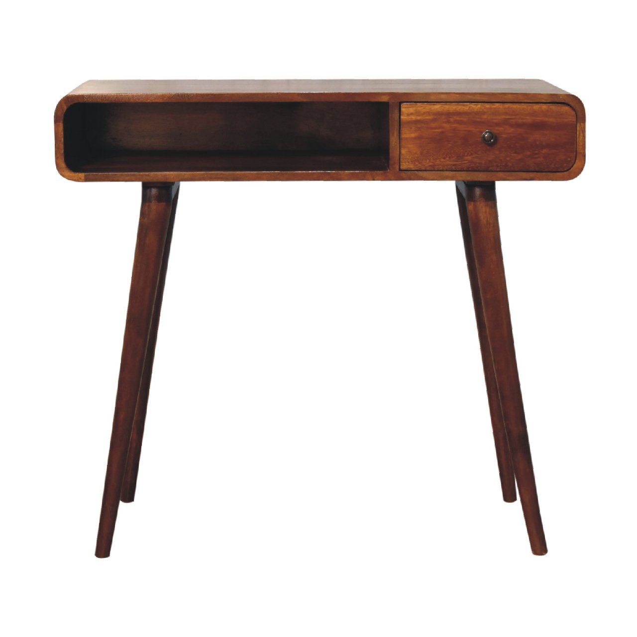 Curved chestnut writing desk mid-century modern wooden design with dark brown finish single drawer and tapered legs