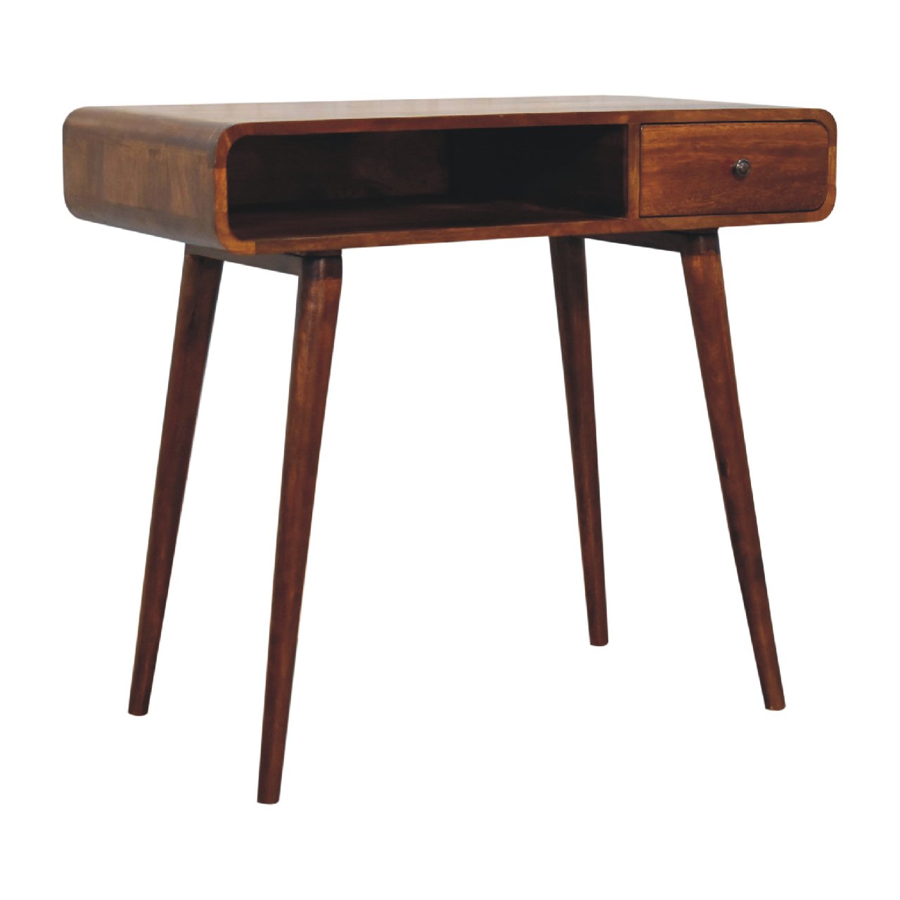 Curved chestnut writing desk mid-century modern wooden with single drawer and tapered legs for home office use