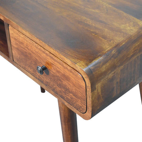Curved chestnut writing desk with a rustic wooden finish featuring rich brown color and visible grain patterns