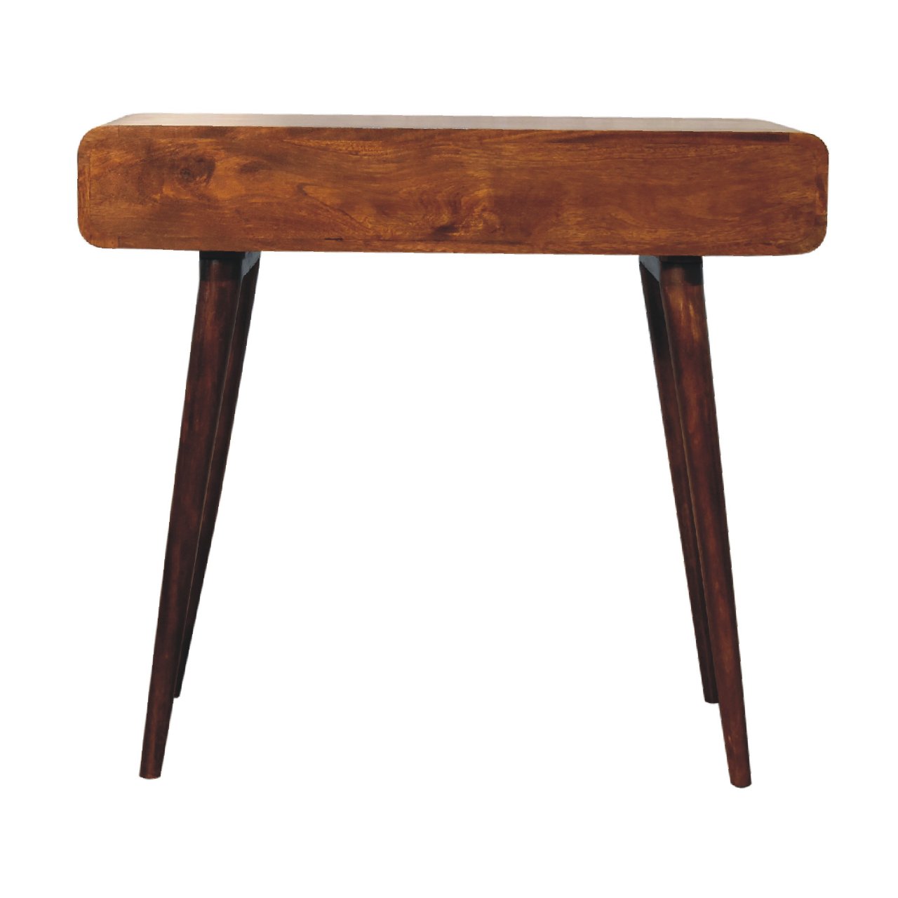 A curved chestnut writing desk with a warm medium-brown rustic wooden finish and tapered legs perfect for any workspace