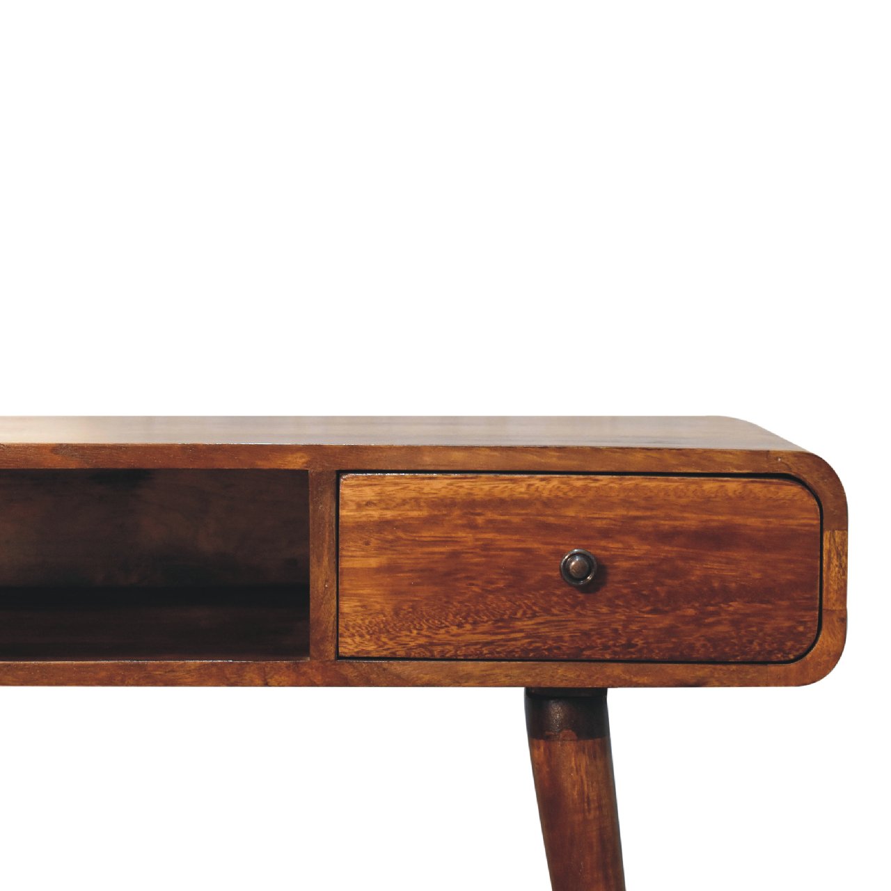 Curved chestnut writing desk with a warm medium-toned wood surface, single drawer, and dark metal knob