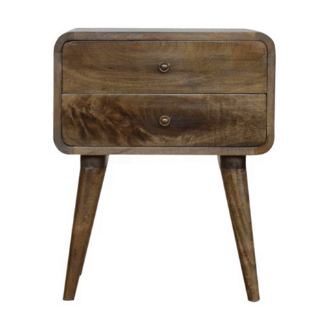 Mid-century modern wooden bedside table with two drawers and tapered legs in grey washed finish