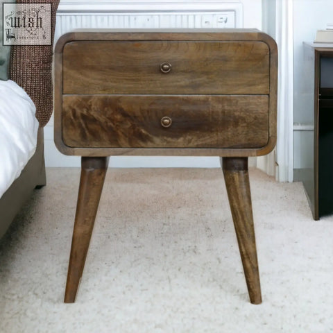 Mid-century modern wooden bedside table with two drawers tapered legs and a grey washed finish