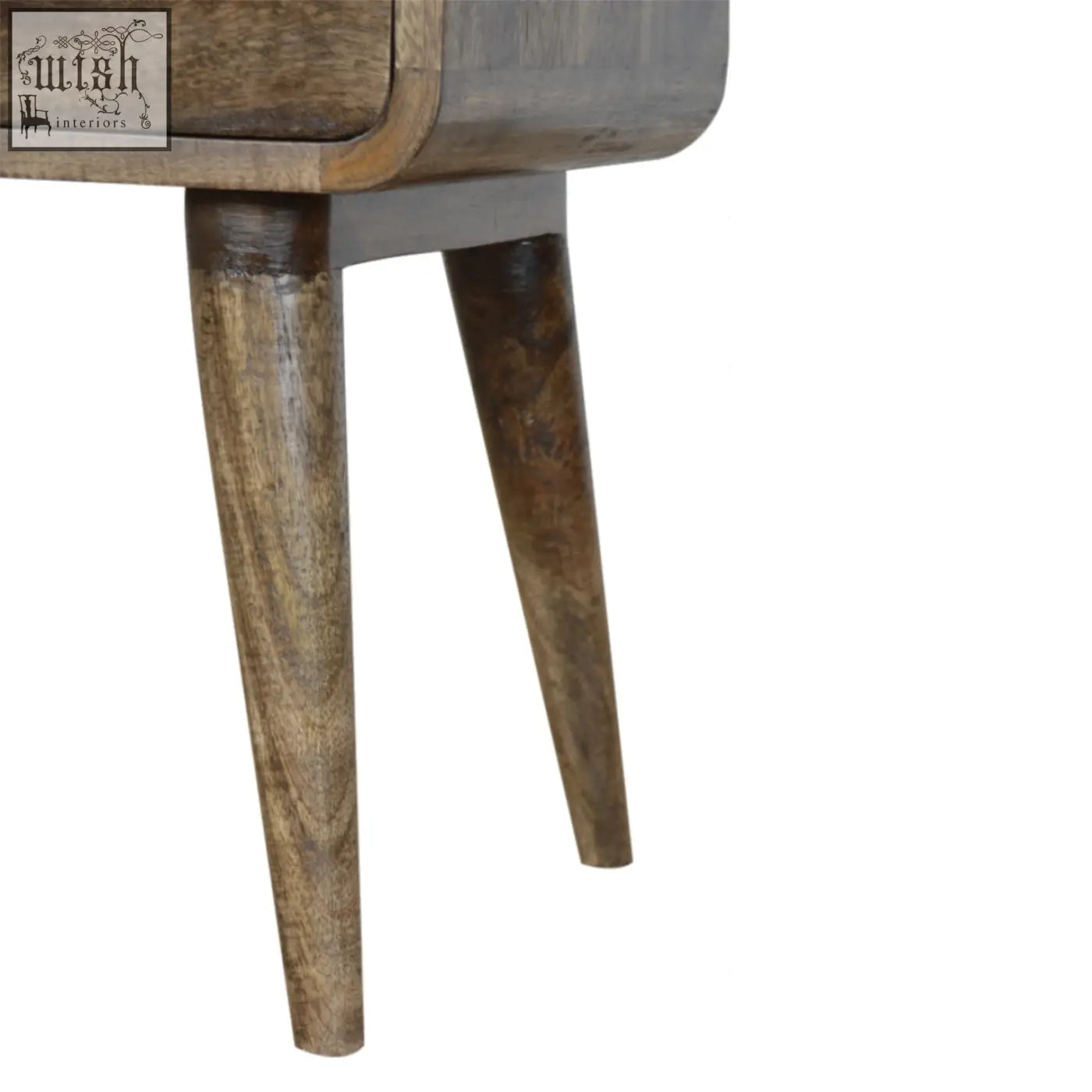 Mid-century modern grey washed bedside table with tapered legs and rustic dark brown wooden finish