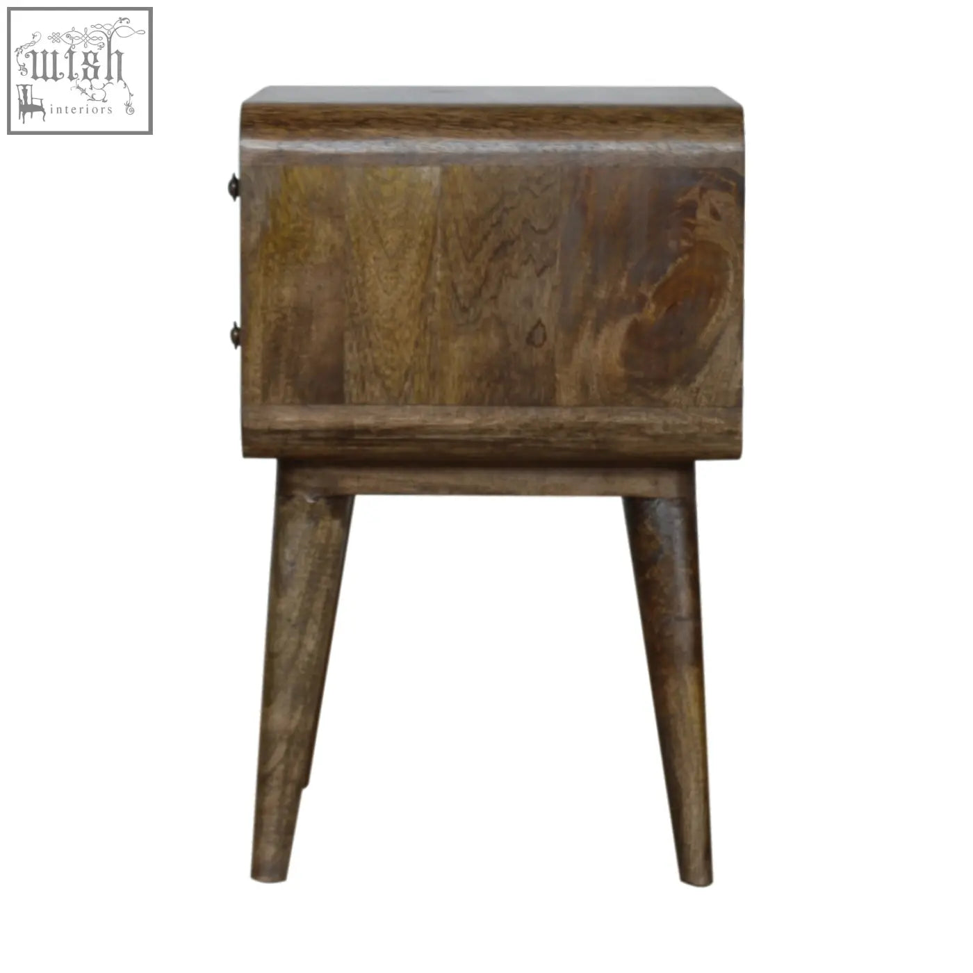A rustic wooden bedside table with a grey washed finish, curved top, tapered legs, and warm brown grain patterns