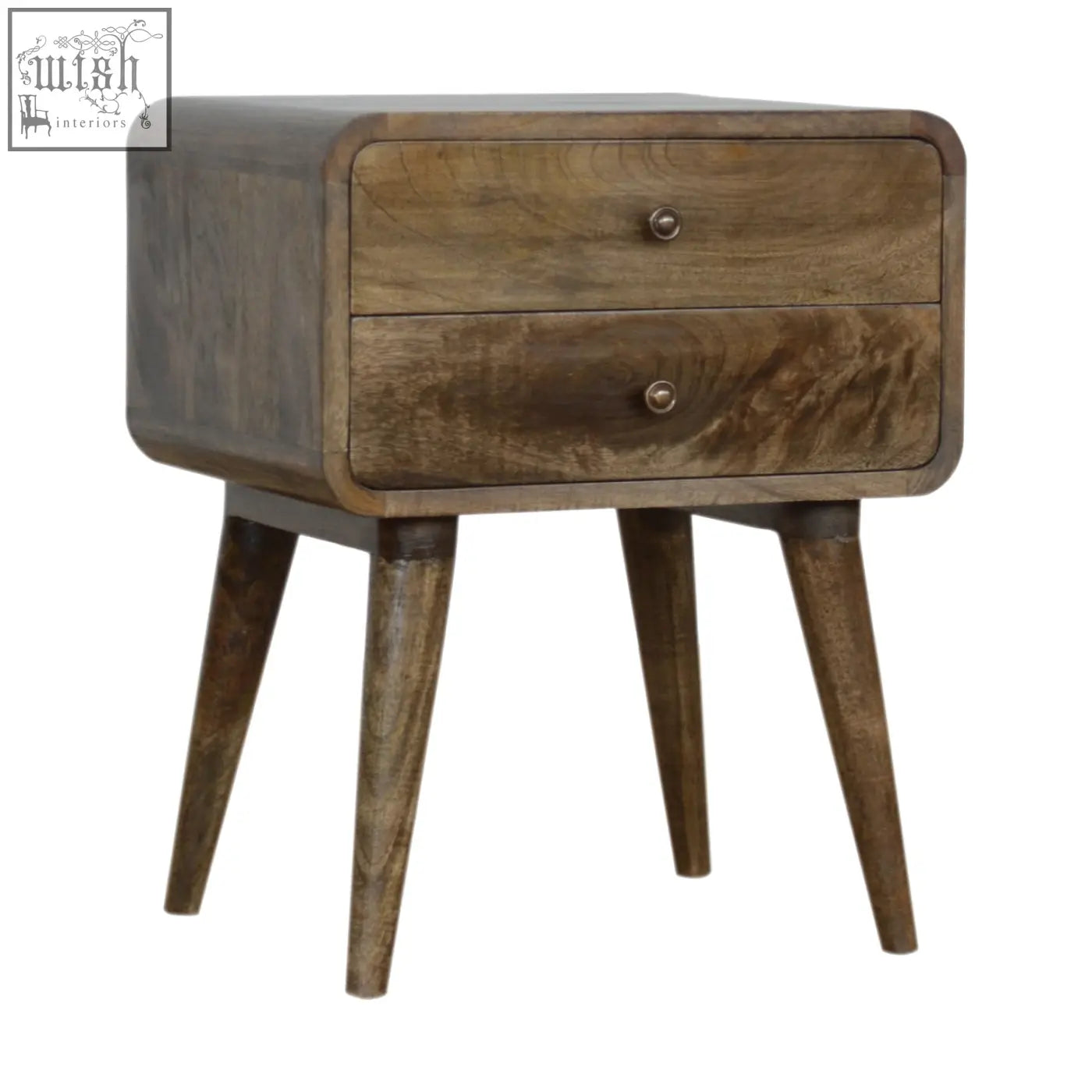 Rustic wooden bedside table with two drawers and tapered legs in a curved classic grey washed finish