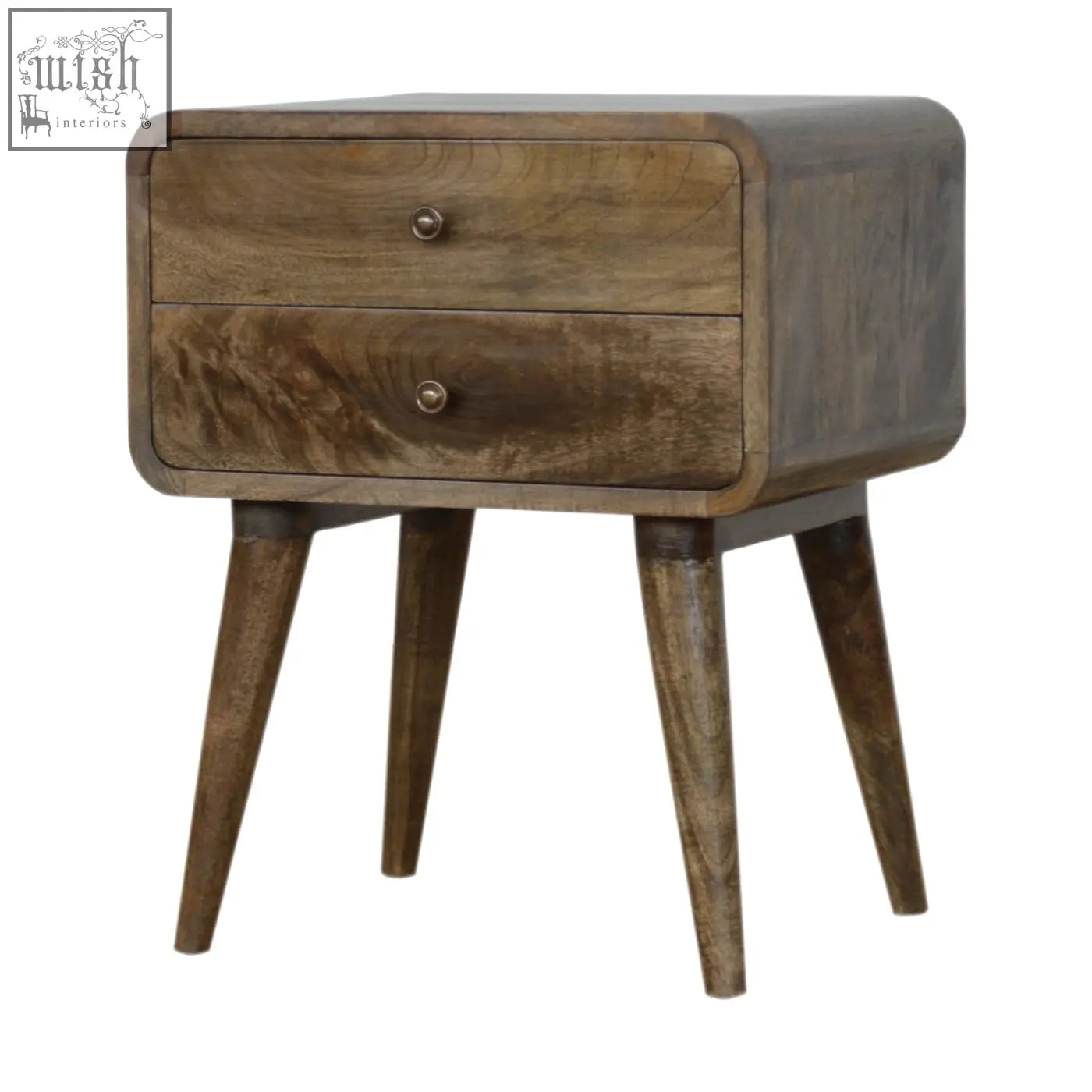 A rustic wooden bedside table with two drawers grey washed finish rounded edges and tapered legs