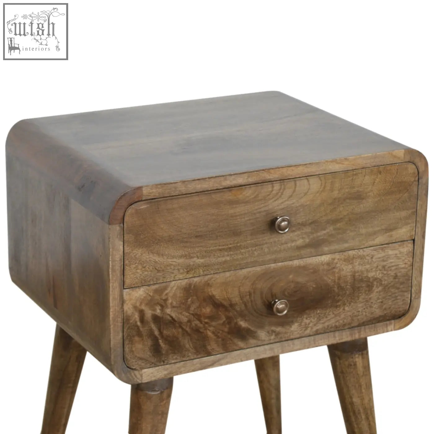 A rustic wooden bedside table with two drawers, rounded edges, tapered legs, and a grey washed finish