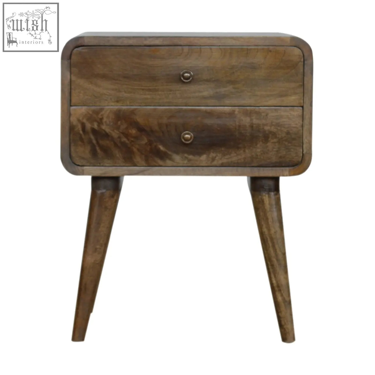 A rustic bedside table with two drawers and tapered legs in a warm brown finish with brass knobs, not grey washed