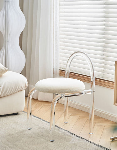 Curved clear plastic dressing table chair with clear acrylic frame and white cashmere seat pad for comfort