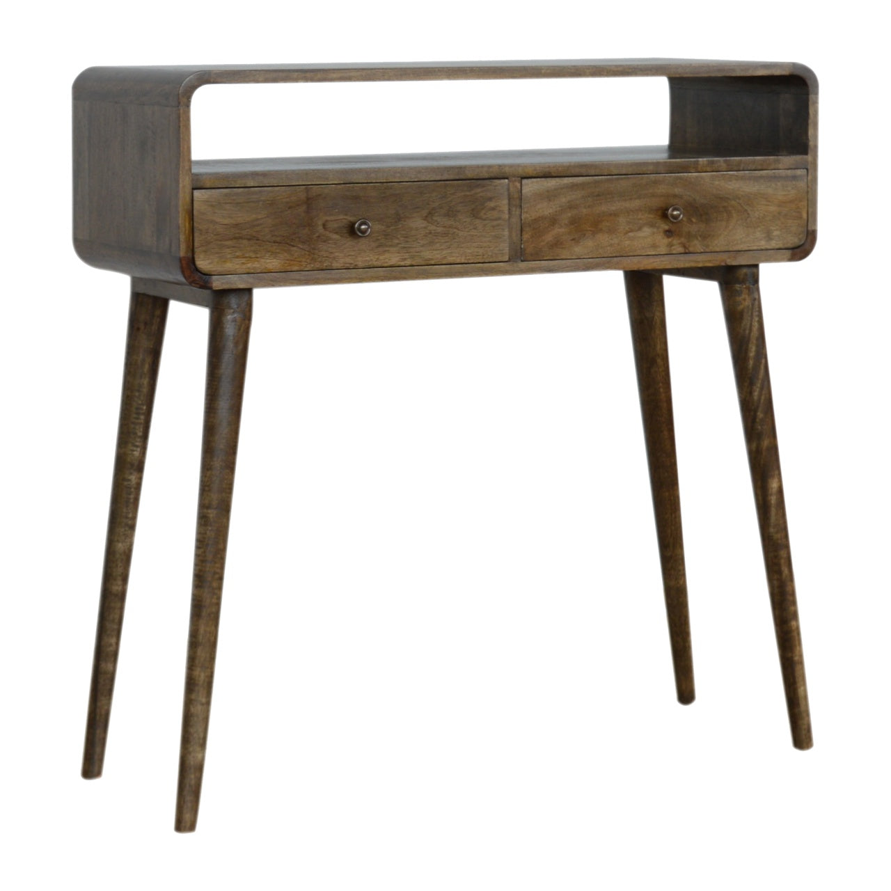 Curved grey-wash mid-century modern wooden console table with two drawers and tapered legs for stylish storage