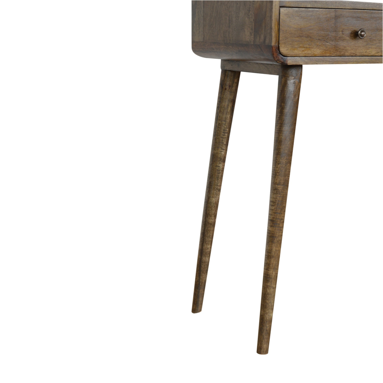 Mid-century modern wooden console table with tapered legs and single drawer featuring a round metal knob in grey wash