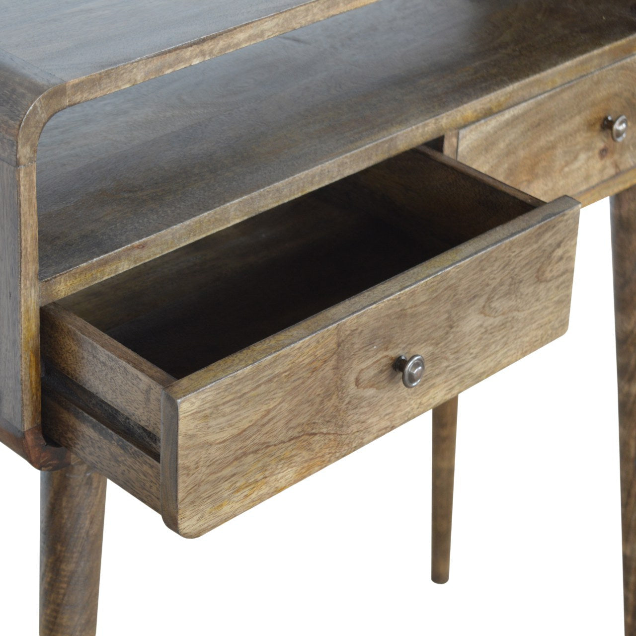 Curved grey-wash console table with rustic wooden drawers and dark top featuring round metal knobs console table