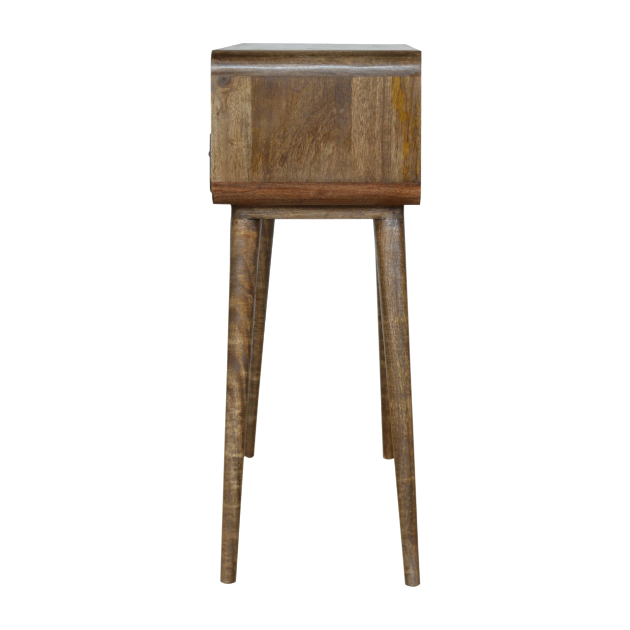 A rustic wooden console table with a warm brown finish, natural wood grain, tapered legs, and a rectangular top