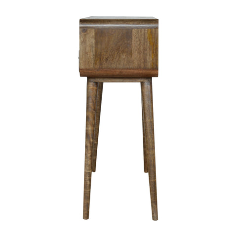 A rustic wooden console table with a warm brown finish, natural wood grain, tapered legs, and a rectangular top