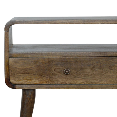 A rustic wooden console table with a single drawer dark brown finish and curved legs perfect for entryway decor