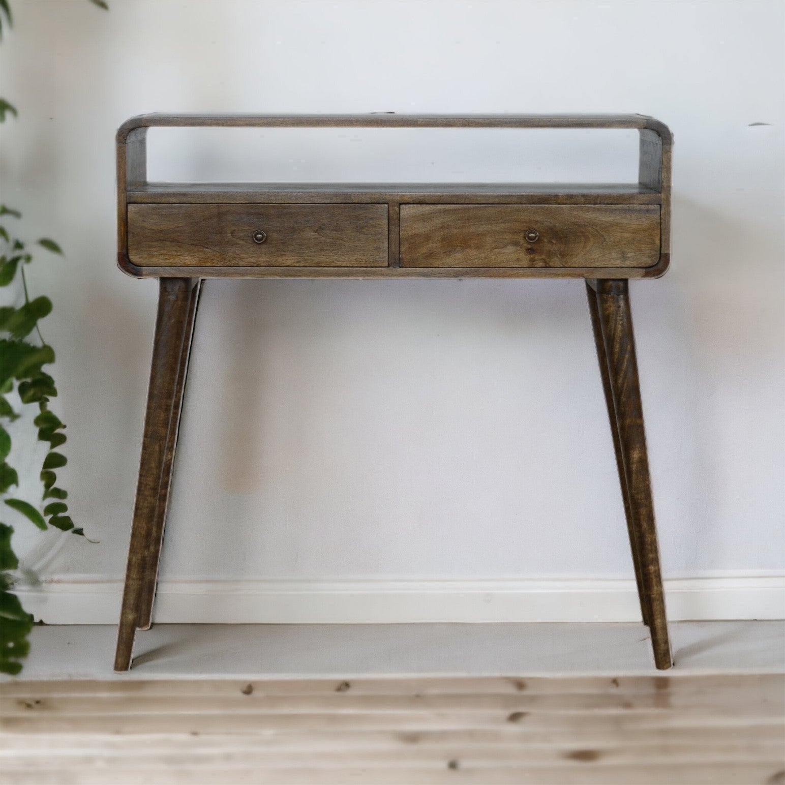 Curved grey-wash console table with two drawers tapered legs and rustic weathered wood finish stylish console table
