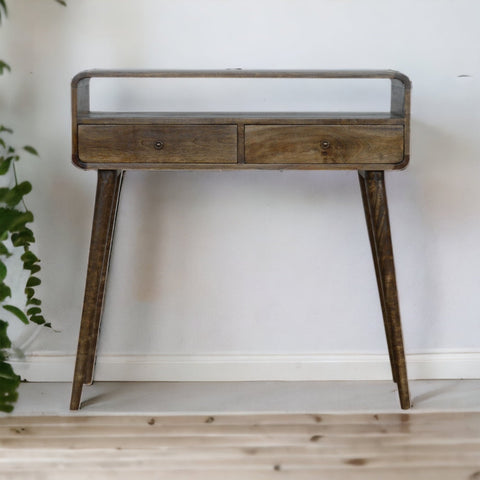 Curved grey-wash console table with two drawers tapered legs and rustic weathered wood finish stylish console table