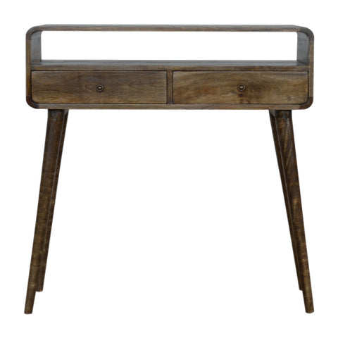 A rustic grey-wash wooden console table with two drawers tapered legs and a curved top edge