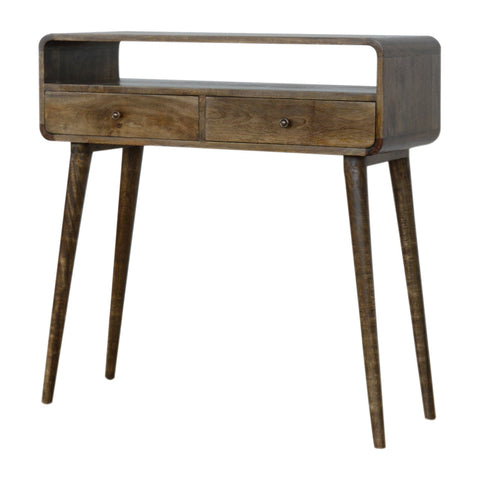 Rustic wooden console table with two drawers tapered legs and dark brown finish perfect for entryway or living room