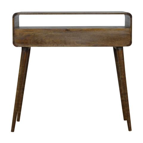 A sleek mid-century modern wooden console table with warm brown finish and tapered legs perfect for entryways